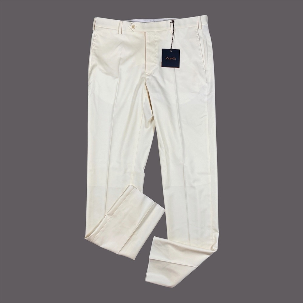 Zanella NWT Dress Flat Front Pants Sz 36x35 UNHEMMED Virgin Wool Devon Cream